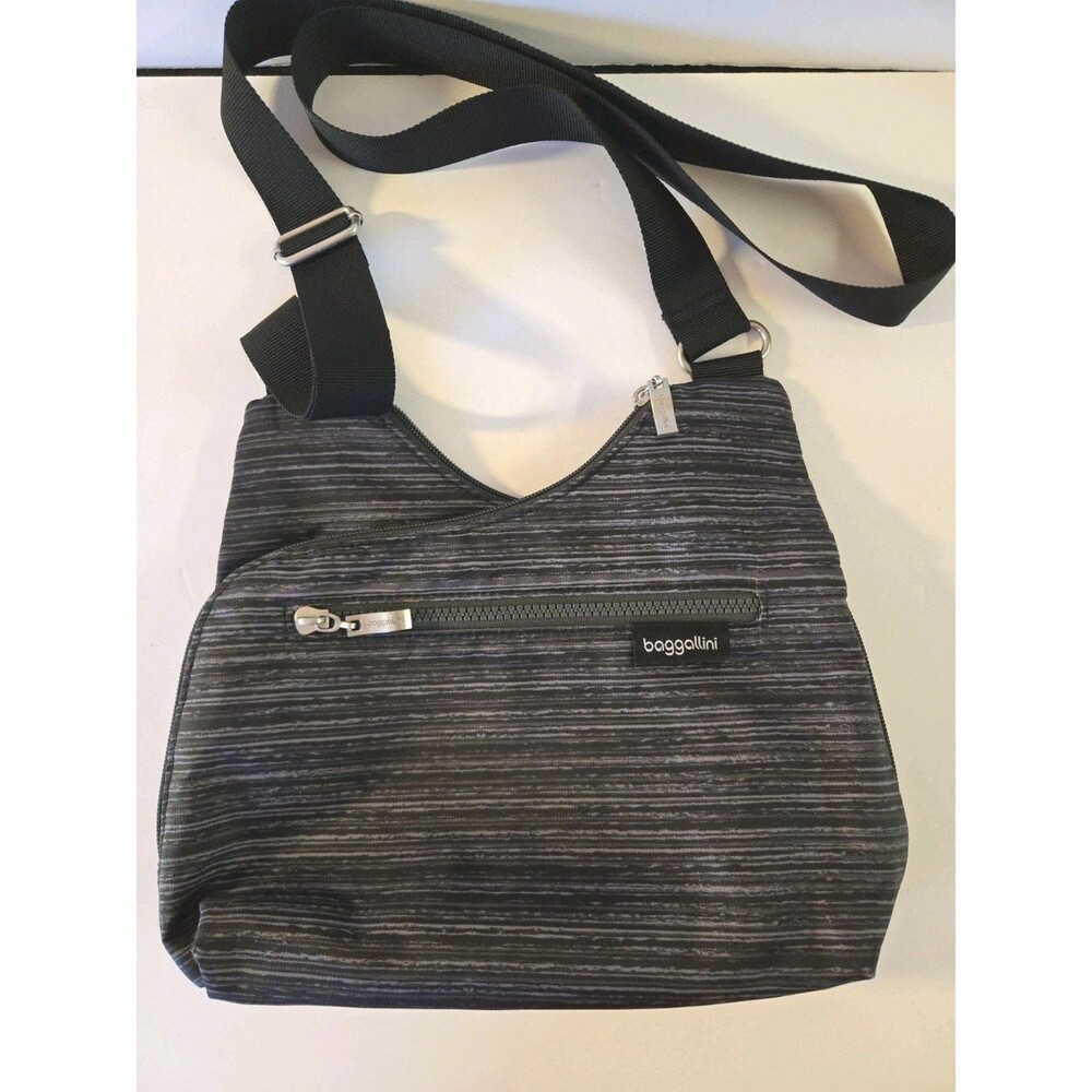 Baggallini Black Grey Stripe Nylon Cohort Double Zip Criss Cross Crossbody Purse